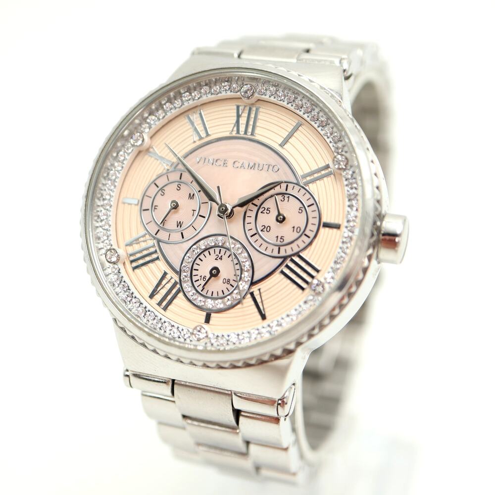 Vince Camuto Silver Tone MOP Day Date 38mm Glitz Watch Steel Band w New Battery